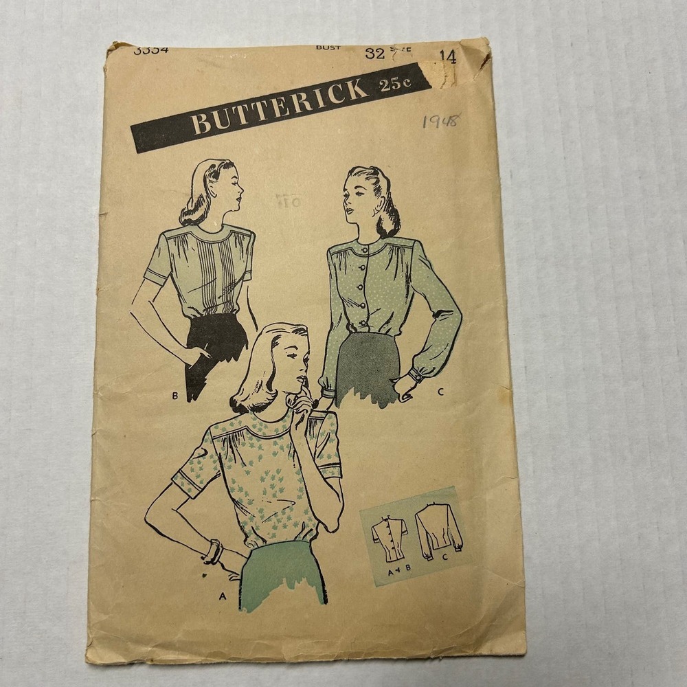 Butterick Vintage‎ 1940's Pattern #3354 Misses and Women's Blouse Size 14